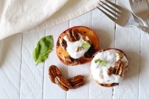 Grilled peaches with coconut whipped cream and maple pecans #dessert www.vitacost.com/blog