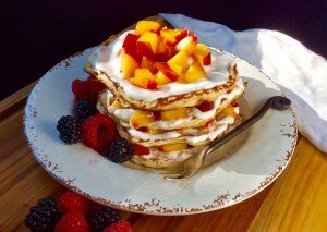 Stack of peaches and cream protein pancakes | www.vitacost.com/blog