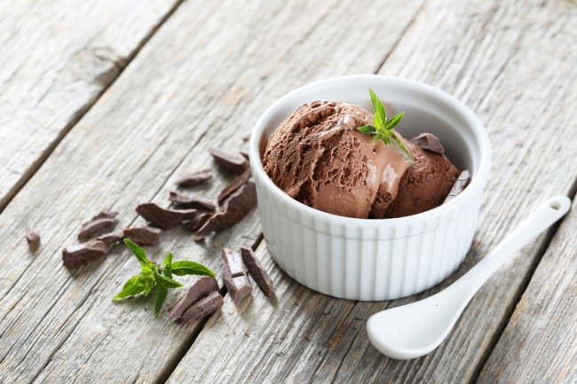 Vegan Recipe: Coconut Milk & Avocado Ice Cream Vegan chocolate coconut milk & avocado ice cream in white bowl #healthydesserts | www.vitacost.com/blog