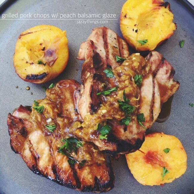 Grilled pork chops and peaches on white plate #recipe | www.vitacost.com/blog