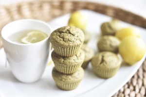 Lemon & ginger green tea muffins stacked on white plate #protein #recipe | www.vitacost.com/blog