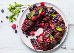 Plate of Gluten-Free Monkey Bread with Berry Sauce #vegan | Vitacost.com/blog
