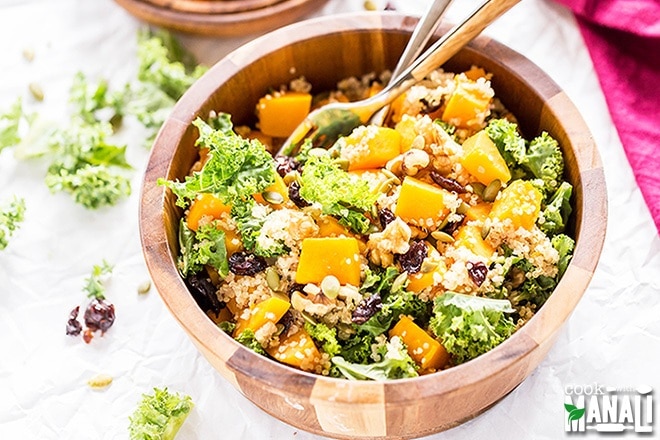 Wood Bowl Filled with Butternut Squash, Quinoa & Kale Salad #recipe | Vitacost.com/blog