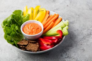Veggie platter with flax crackers and sun-dried tomato-garlic dip | Vitacost.com/Blog
