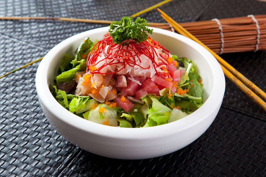 Asian-Inspired veggie bowl with sushi-grade salmon and ginger sauce | Vitacost.com/Blog