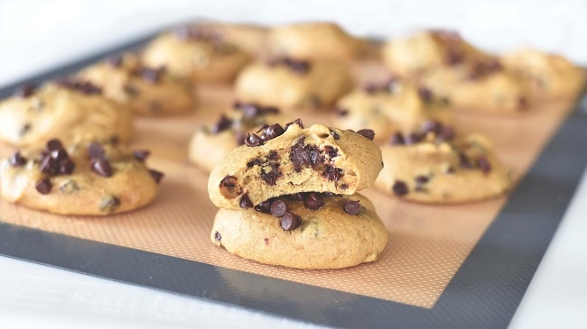 Chocolate Chip Pumpkin Protein Cookies Chocolate Chip Pumpkin Cookies on Baking Sheet #protein #recipe | Vitacost.com/blog