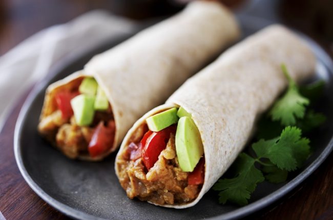 Two Paleo-friendly burrito wraps with chorizo, ground beef, avocado and red bell peppers | Vitacost.com/Blog