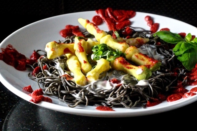 black bean pasta with white witch finger carrots for halloween dinner vitacost