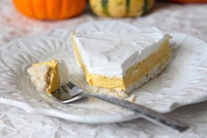 Slice of Vegan Pumpkin Cream Pie on white plate | Vitacost.com/blog