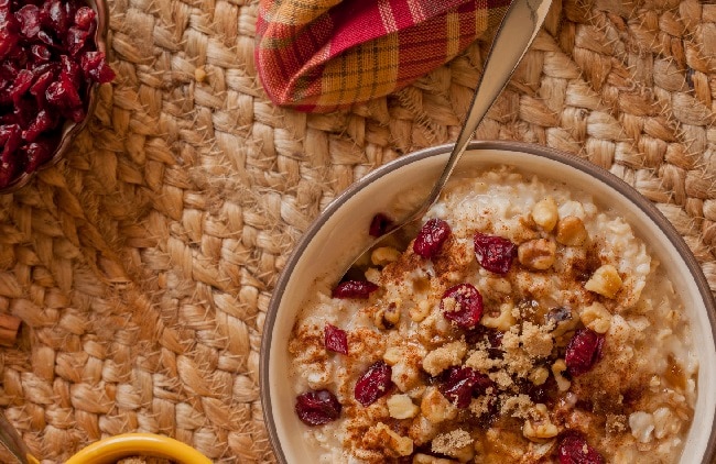 Cranberry Oatmeal Breakfast Risotto Recipe  Bowl of oatmeal breakfast risotto with cranberries | Vitacost.com/blog