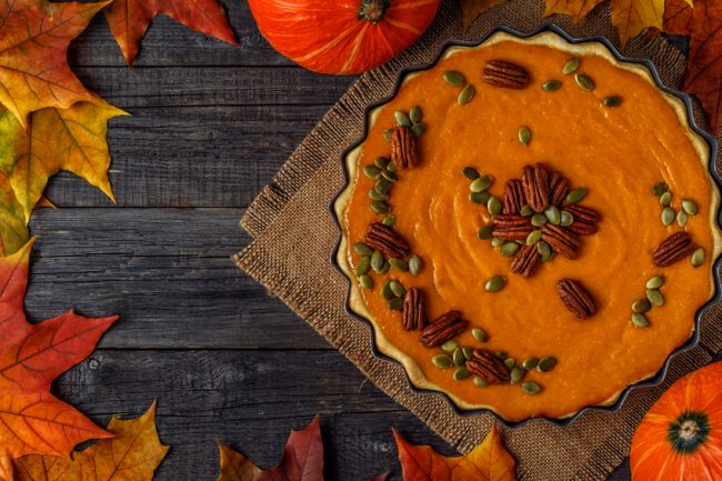 Gluten-Free Pecan Pumpkin Pie Garnished with Pumpkin Seeds | Vitacost.com/Blog