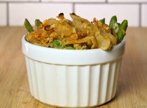Classic green bean casserole in white ramekin #veganrecipes #holidayrecipes | Vitacost.com/blog