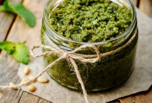 Vegan pesto sauce with pine nuts and basil in jar #recipe | Vitacost.com/blog