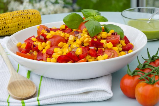 Warm Corn Salad Recipe  Warm corn salad in white bowl | Vitacost.com/blog