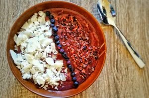 Wood Bowl with Acai Berry Breakfast #rawrecipes | Vitacost.com/blog