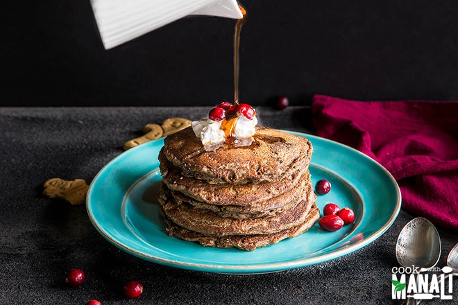 Buckwheat Gingerbread Pancake Stack with Cranberries and Maple Syrup | Vitacost.com/Blog