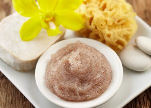 Homemade cacao-mint sugar scrub in white bowl #recipe #DIY | Vitacost.com/blog