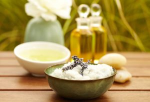 Homemade salt scrub in gray bowl #saltscrubrecipe | Vitacost.com/blog