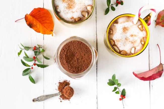 Homemade Vegan Hot Chocolate Mix Recipe  Homemade hot chocolate mix with hot chocolate on white background #veganhotchocolate | Vitacost.com/blog