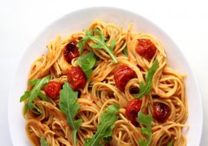Red Lentil Spaghetti with Vegan Cauliflower Rosa Sauce, Arugula and Roasted Tomatoes | Vitacost.com/Blog