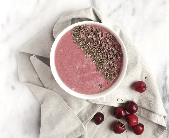 Cherry Smoothie Bowl with Protein Powder Cherry Smoothie in a White Bowl on Marble Counter | Vitacost.com/blog