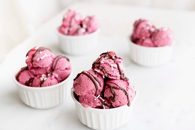 4 White Ramekins Overflowing with Raspberry Coconut Milk Ice Cream | Vitacost.com/blog