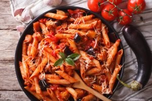 Red Lentil Pasta with Eggplant Sauce in Pot