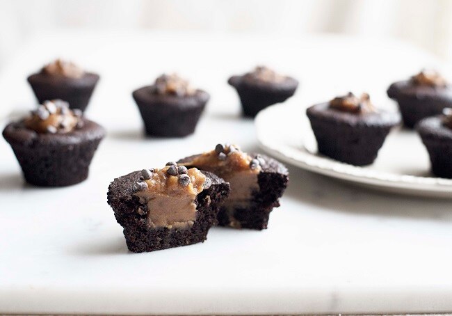 Double Chocolate Muffins with Caramel Filling on Marble Countertop | Vitacost.com/blog