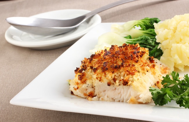 Baked Panko-Encrusted Mahi Mahi with Greens on Plate | Vitacost.com/Blog
