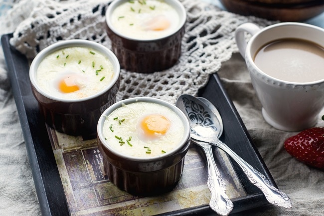 3 Ramekins with Baked Eggs on Serving Tray with 2 Spoons & Coffee #recipe | Vitacost.com/blog