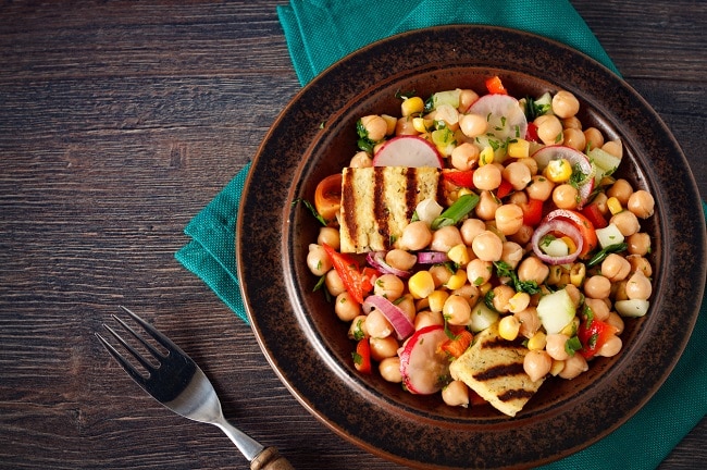 MyPlate Works for Healthy Eating on Any Diet  Example of a Healthy Eating Plate with Chickpea Salad on Wood Table | Vitacost.com/blog