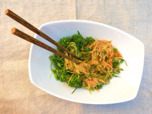 White Bowl with Cucumber Vegetable Noodles & Orange Tamari Sauce | Vitacost.com/blog