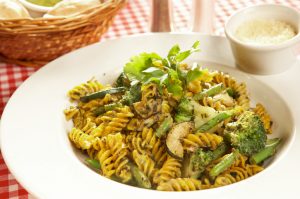 White Bowl Filled with Gluten-Free Pesto Pasta and Vegetables | Vitacost.com/blog