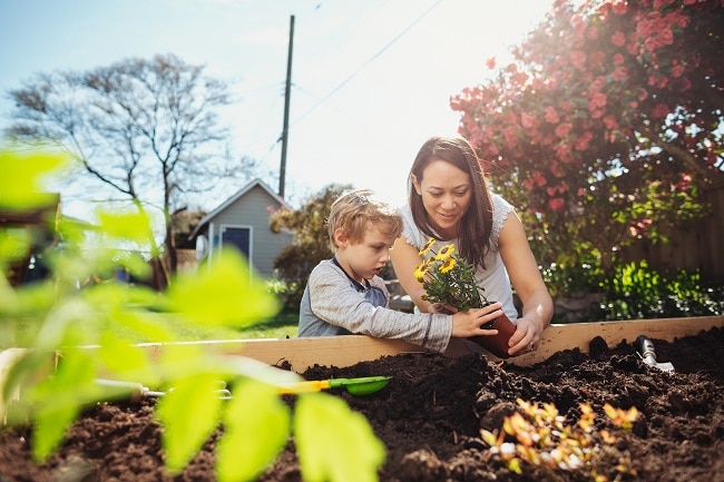 Woman Plants Flowers with Son, Showing How to Help the Environment with Plant-Based Diet | Vitacost.com/blog