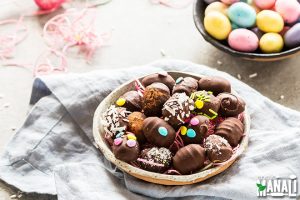 Vegan Egg-Shaped Chocolate Cookie Dough Truffles with Sprinkles