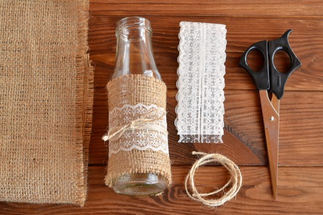 Diy Project Glass Jar Wrapped with Burlap, Lace and Twine on Table with Scissors | Vitacost.com/Blog
