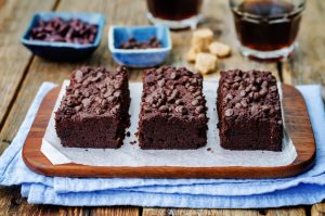 Black Bean Brownies with Chocolate Chips on Dark wood Background | Vitacost.com/blog