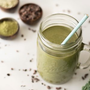 Mason Jar with Matcha Smoothie Made of Greens & Cacao Nibs | Vitacost.com/blog
