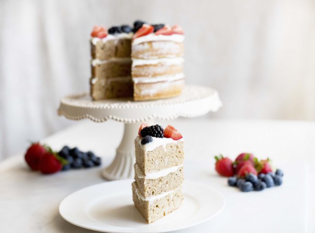 Naked Wedding Cake for Rustic Style  Rustic Naked Wedding Cake with Berries on White Stand & 1 Slice on Plate | Vitacost.com/blog