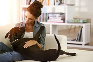 Woman Cuddling Dog on Clean Couch After Treating it for Flea Infestation | Vitacost.com/blog