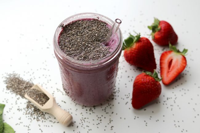 Super-Healthy Strawberry Smoothie with Chia Seeds & Berries on White | Vitacost.com/blog