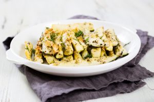 White Plate with Baked Vegan Zucchini Sticks | Vitacost.com/blog