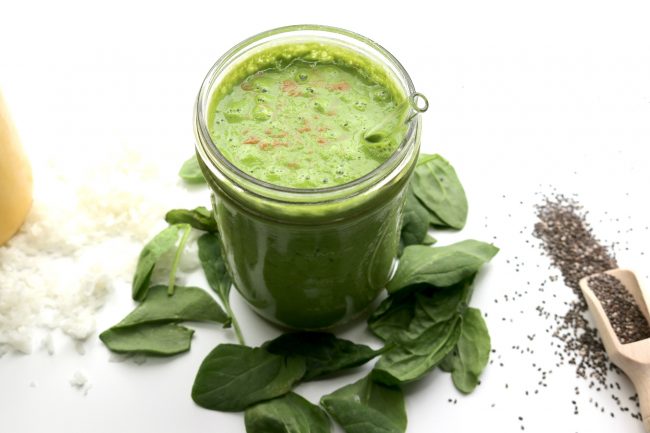 Super-Healthy Green Maca Smoothie with Spinach & Chia Seeds on White | Vitacost.com/blog