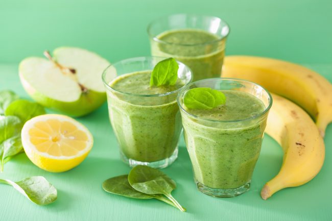 3 Healthy Happy Hour Drinks: Mint Lemonade with Banana on Green Background | Vitacost.com/blog