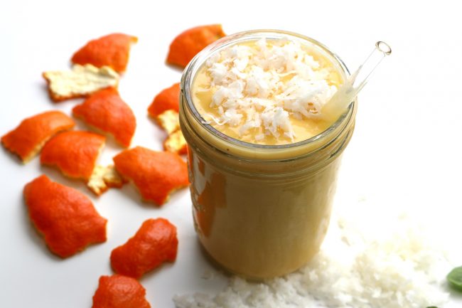 Orange-Peach Super-Healthy Smoothie with Coconut & Orange Peel on White | Vitacost.com/blog
