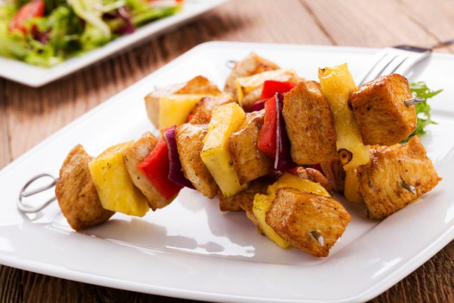 Grilled Chicken Skewers with Pineapple, Peppers & Onion on White Plate | Vitacost.com/blog