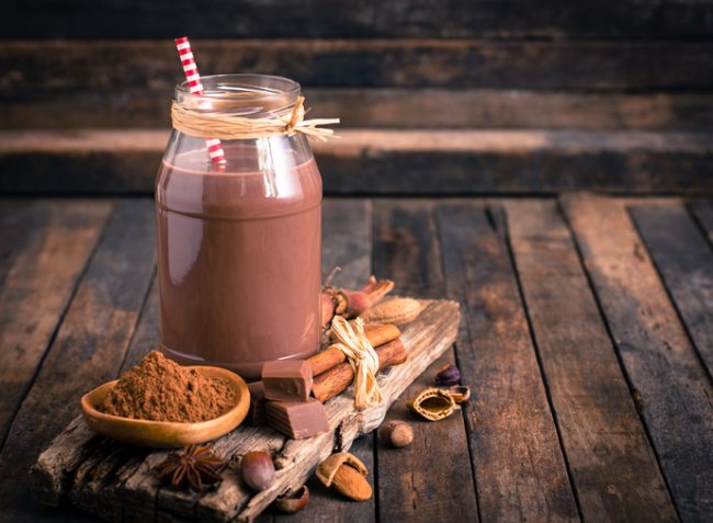 Vegan Chocolate Milkshake Recipe with Plant Protein Chocolate Milkshake in Glass Jar on Wood | Vitacost.com/blog