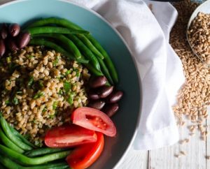 Vegetarian Farro Nicoise Salad on Blue Plate | Vitacost.com/blog
