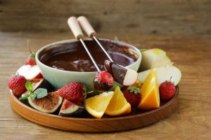Chocolate Fondue on Platter with Figs, Strawberries, Oranges and Apples | Vitacost.com/Blog