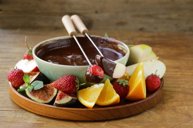 Chocolate Fondue on Platter with Figs, Strawberries, Oranges and Apples | Vitacost.com/Blog